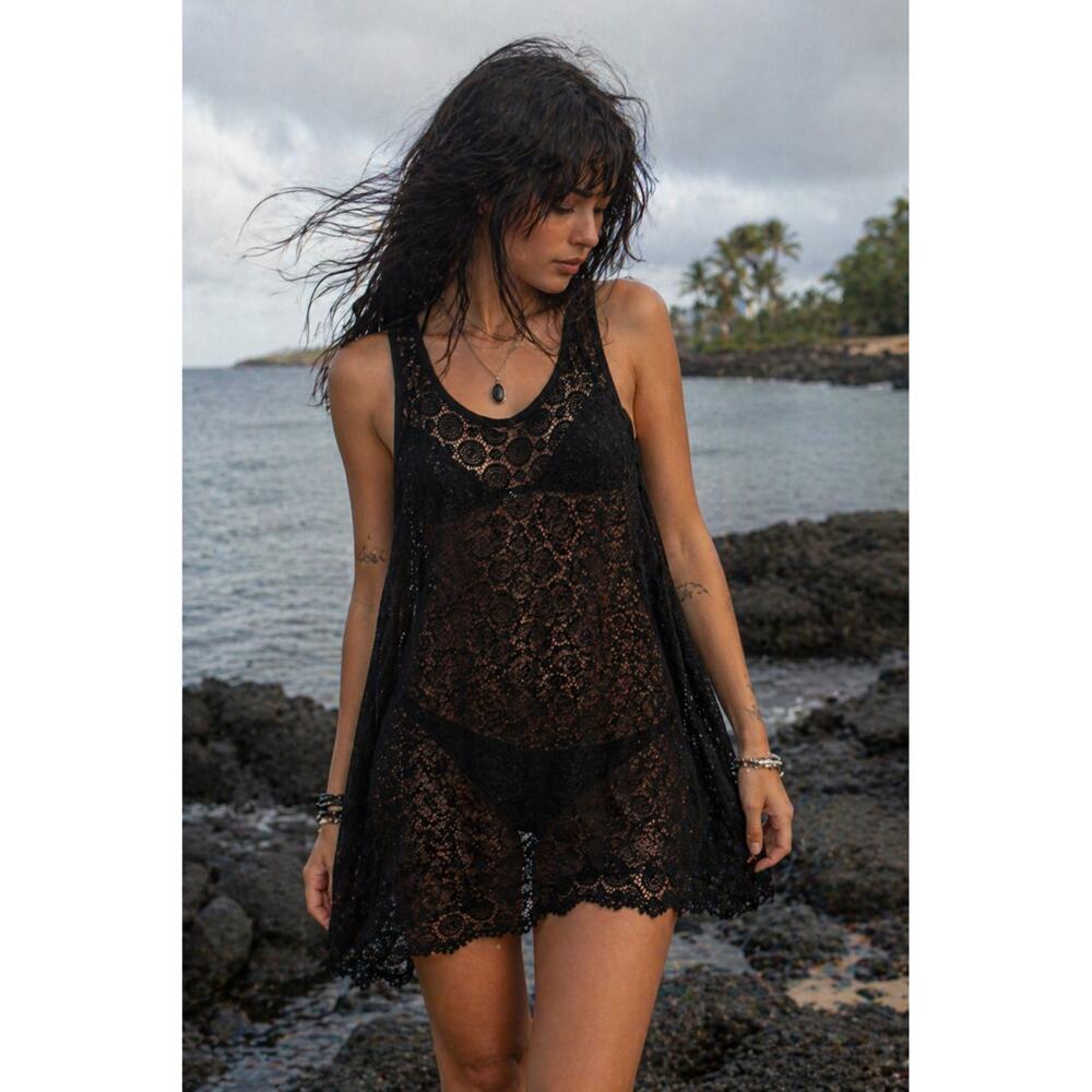 Black Sheer Lace Beach Cover Up Dark Fairy Goth Witchy Mesh Dress Size M